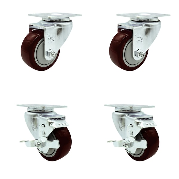3.5 Inch Maroon Polyurethane Wheel Swivel Top Plate Caster Set with 2 Brakes SCC